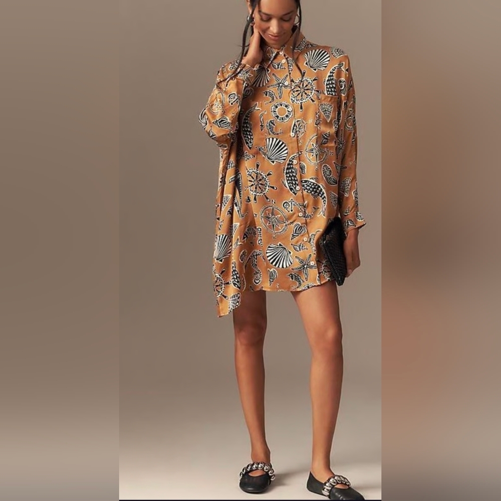 Corey Lynn Calter X Anthropologie long-sleeve printed mini shirt dress Sz. Small